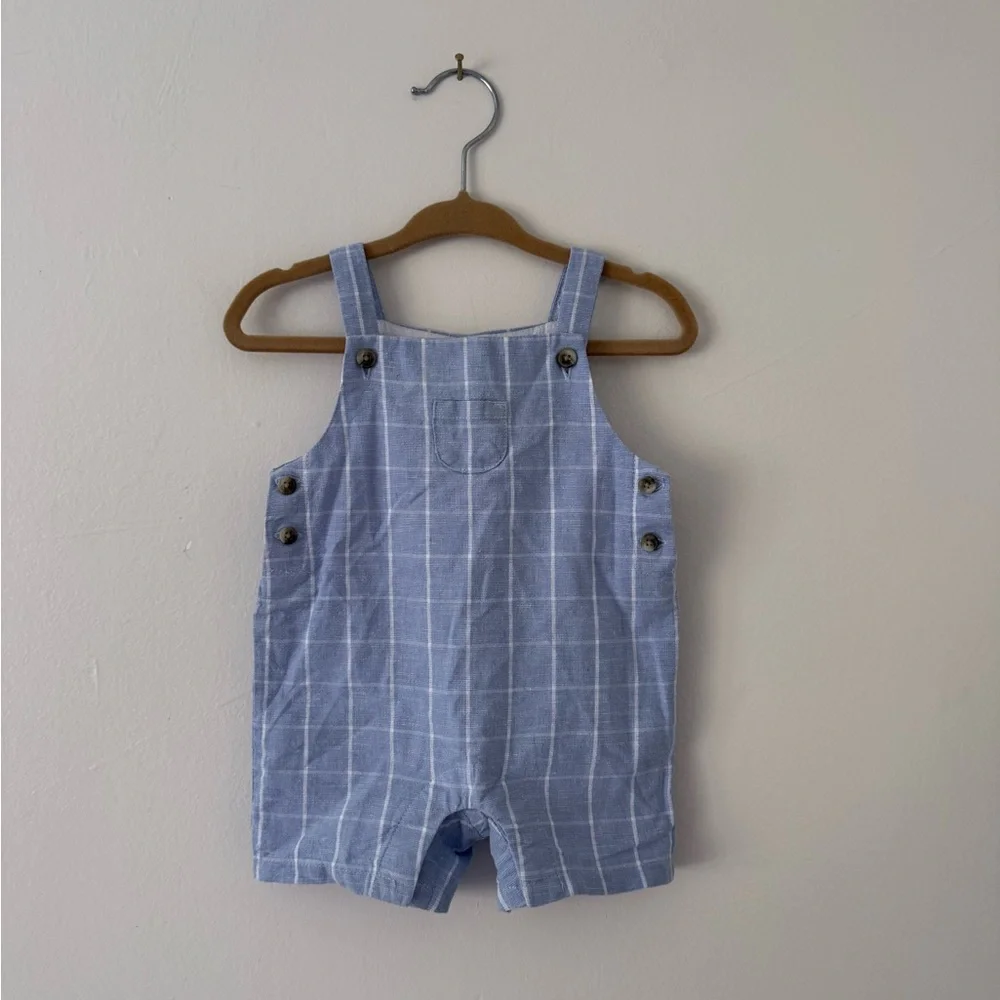 Janie and Jack Boys 0-3m Linen Light Blue Windowpane Check Plaid Overalls Easter - Picture 9 of 9